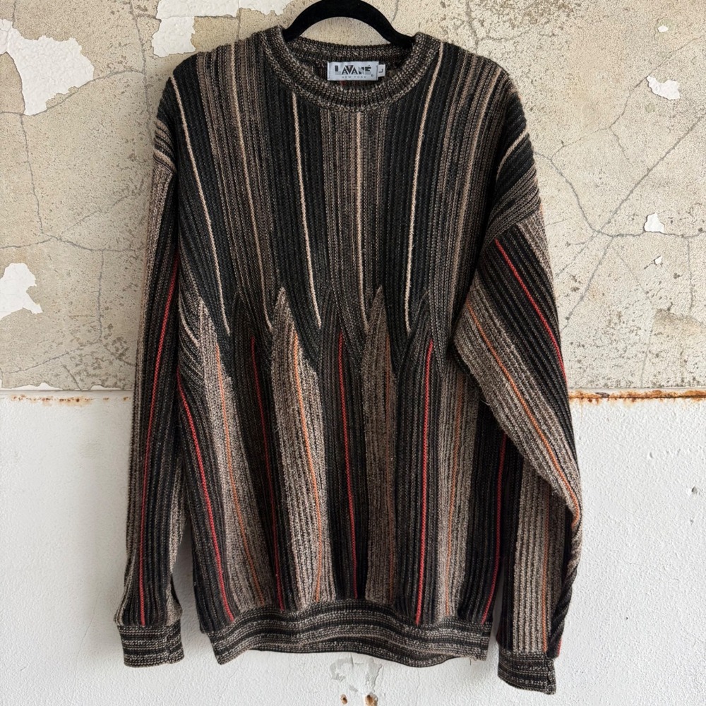 Vintage 90s Sweater Mens L Vertical Stripe Geometric 3D Knit Lavane NY Retro